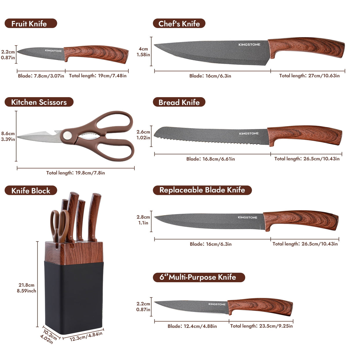 KINGSTONE 7-Piece Kitchen Knife Set with Cutting Board & Sharpener, 408 Stainless Steel Cutlery, Dishwasher Safe Block Set