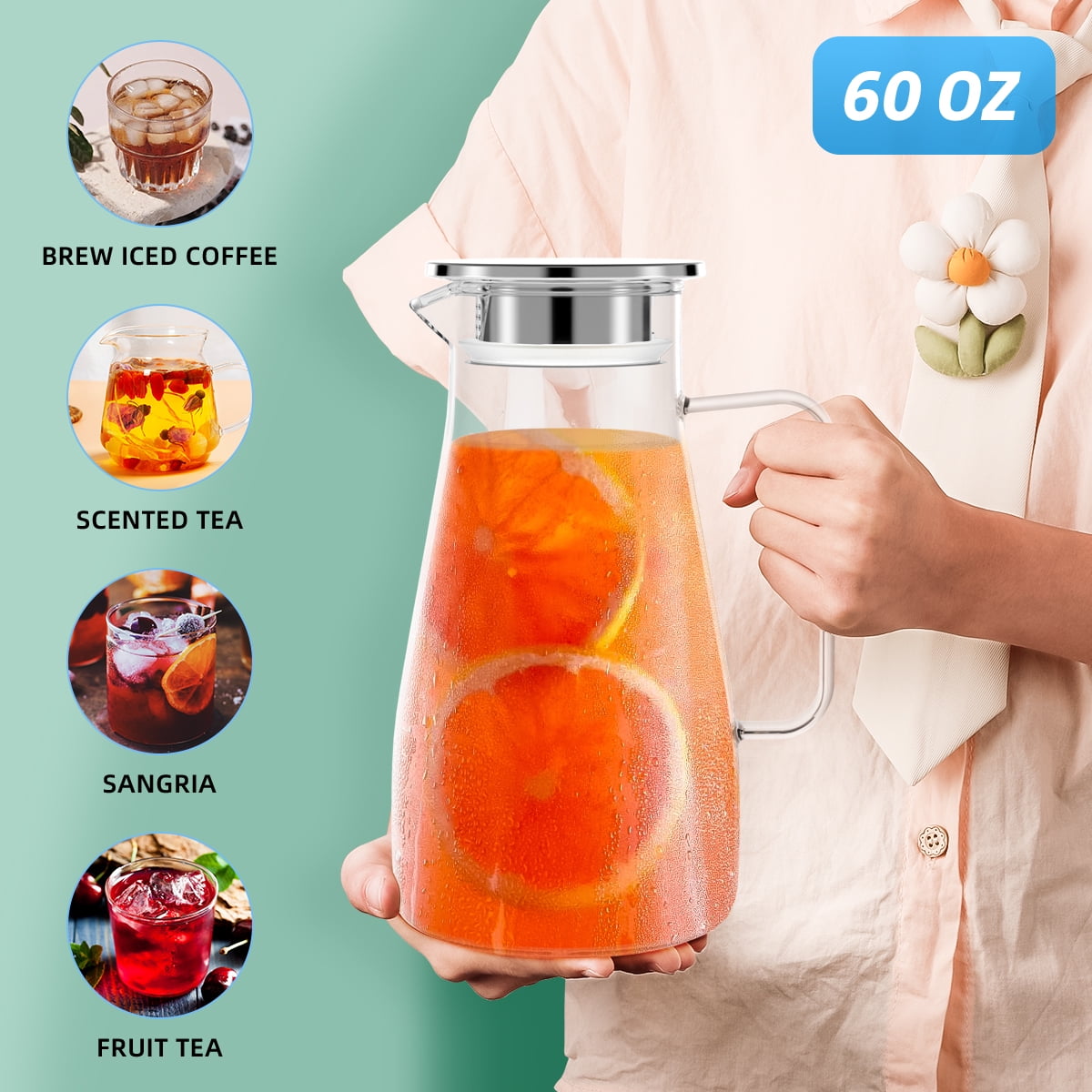 64 oz Water Pitcher with Lid and Spout, 1.8L Heat & Cold Resistant Glass Water Carafe with Handle, Easy to Clean Thickened Borosilicate Glass Jug for Cold and Hot Beverage