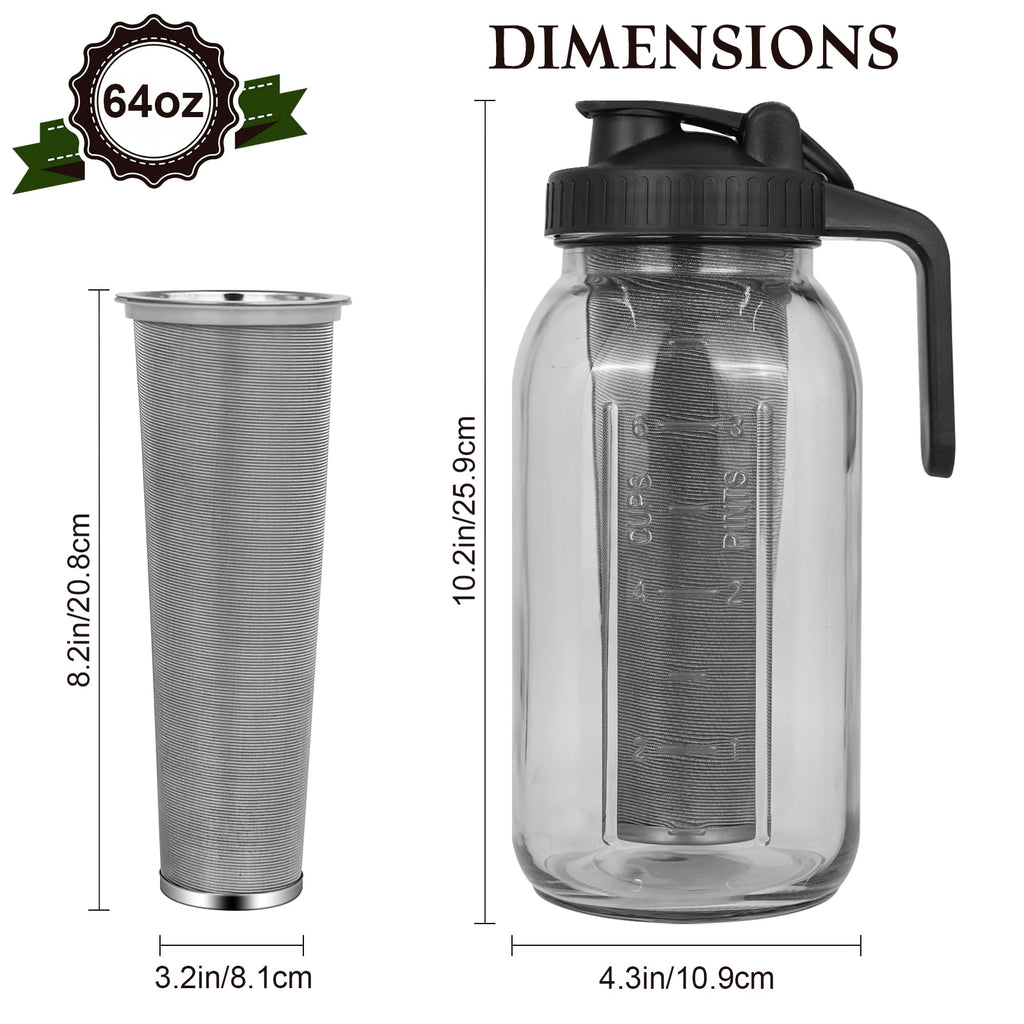 Soulgenix Cold Brew Coffee Maker, 64 oz Mason Jar Pitcher with Stainless Steel Filter, Cleaning Brush, Black