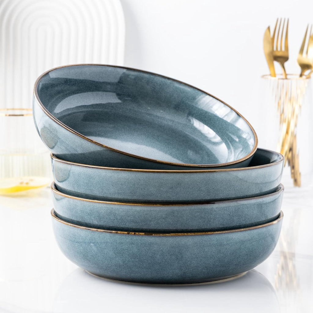 AmorArc 8.75'' Large Ceramic Pasta Bowls, 38oz Stoneware Pasta Serving Bowls Set of 4 for Kitchen, Wide Bowls for Fruit,Pasta,Salad,Oatmeal,Meal, Microwave Safe, Reactive Glaze-Space Blue