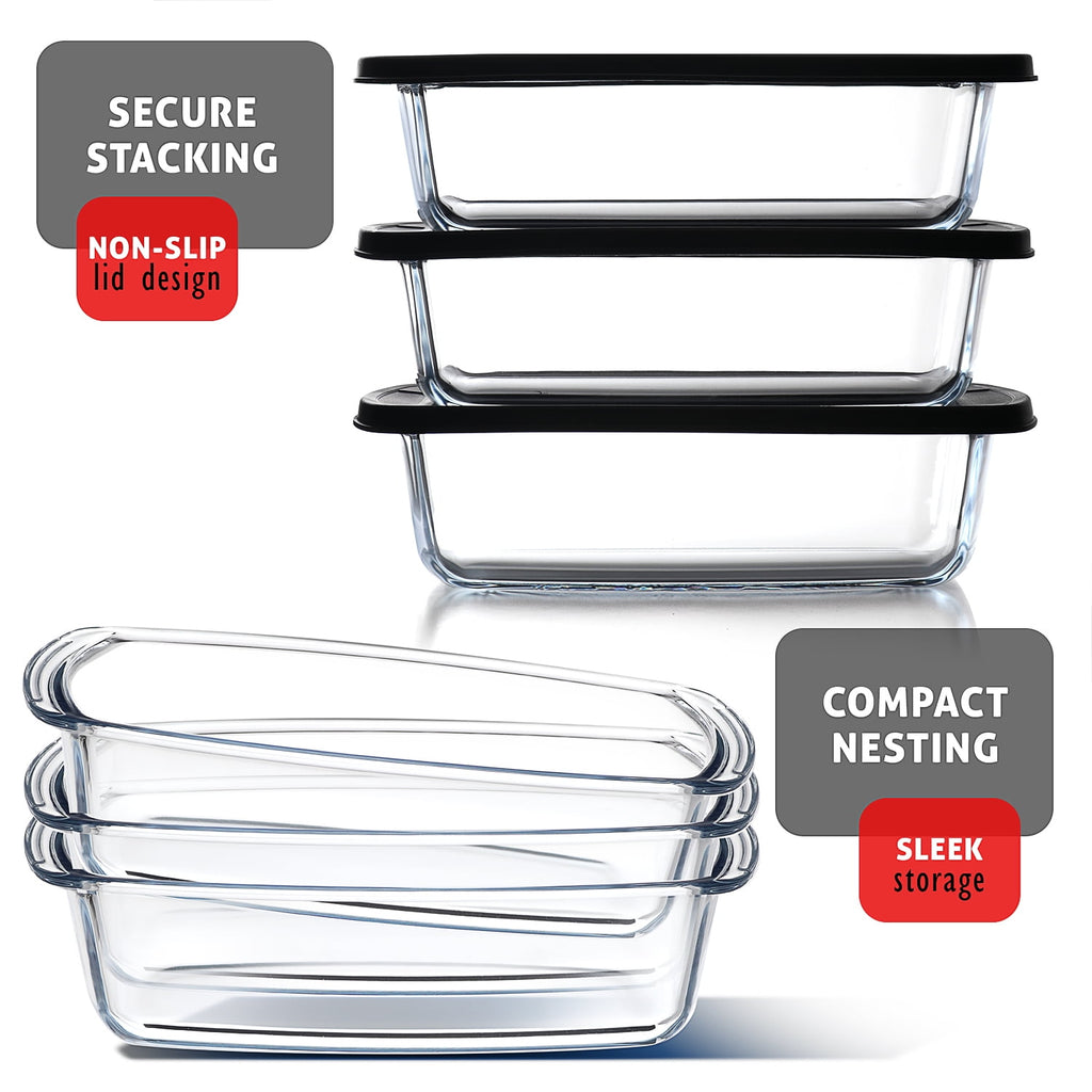 Virtu Glass Bread Loaf Pan, 6pc Glass Baking Dish with Lid, Food Storage Container, Black