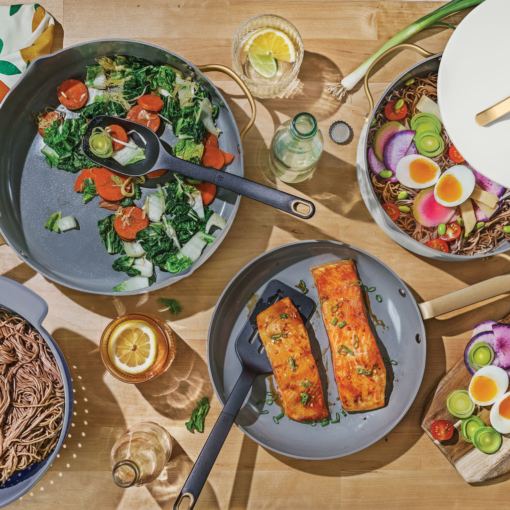 Beautiful 12-Piece Cookware Set, Pots and Pans with Strainer Lids and EverGood Ceramic Nonstick Coating, White Icing by Drew Barrymore