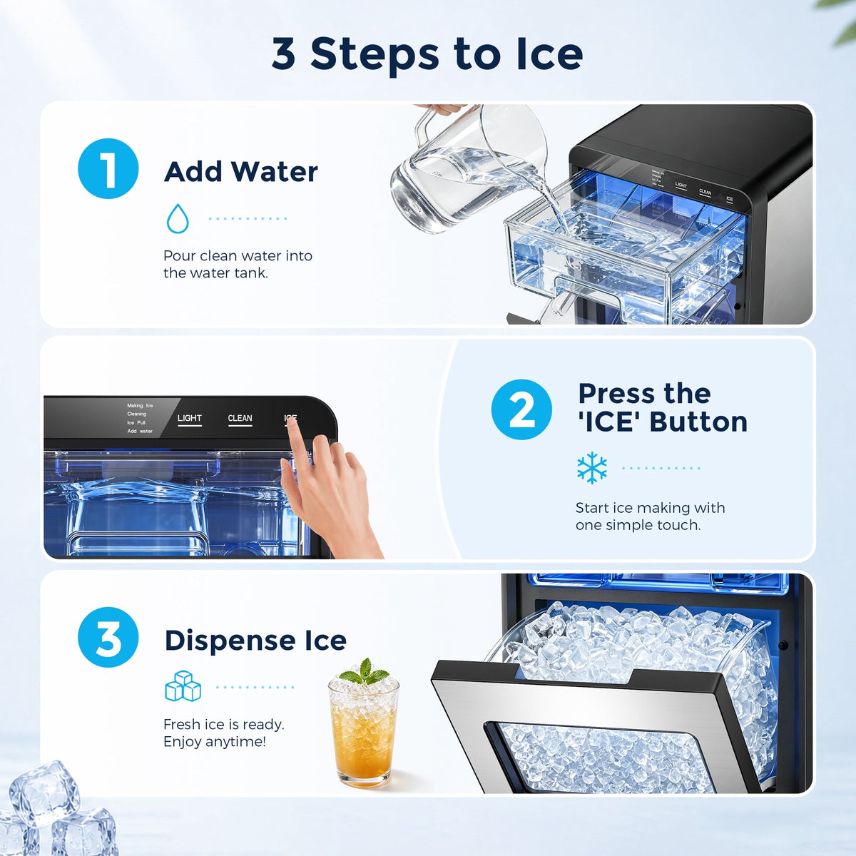 Snowyermine Nugget Ice Maker Countertop, 44 lbs per Day, Soft, Chewable Sonic-Style Pebble Ice, One-Touch Self-Cleaning, Stainless Steel, Black, for Home, Kitchen, Office, RV and Camping
