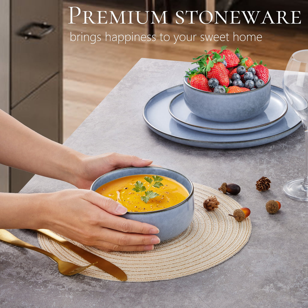 Vesteel Dinnerware Sets for 4, 12-Piece Stoneware Dish and Bowls Set, Handmade Reactive Glaze Coupe Plates Set for Family, Chip & Scratch Resistant - Matte Black