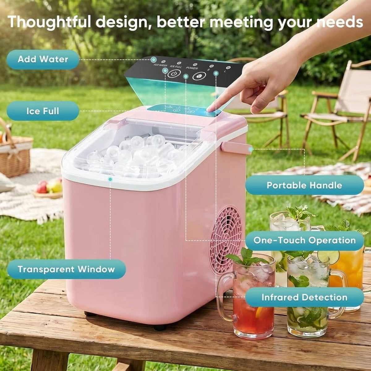 Simenmax Ice Maker Countertop – 26lbs Desktop ice maker with Handle for Home, Kitchen, Office, Outdoors, RV, Camping, White