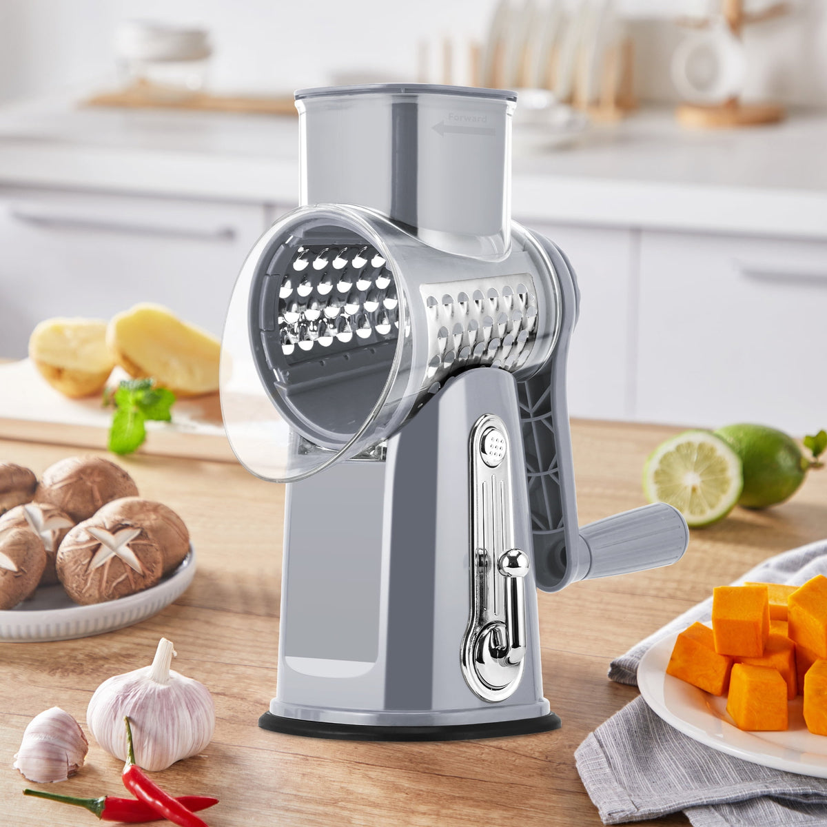 Pukomc Rotary Cheese Grater with Handle- 5 Blades, Suction Base, Mandoline Slicer & Veg Shredder with Blade Storage Box(Green)