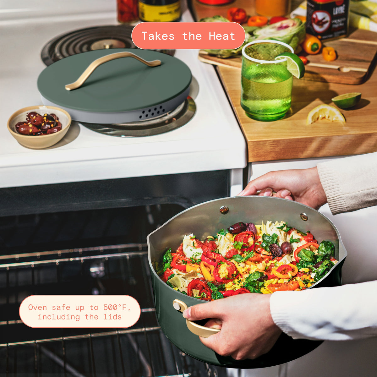 Beautiful 12-Piece Cookware Set, Pots and Pans with Strainer Lids and EverGood Ceramic Nonstick Coating, White Icing by Drew Barrymore