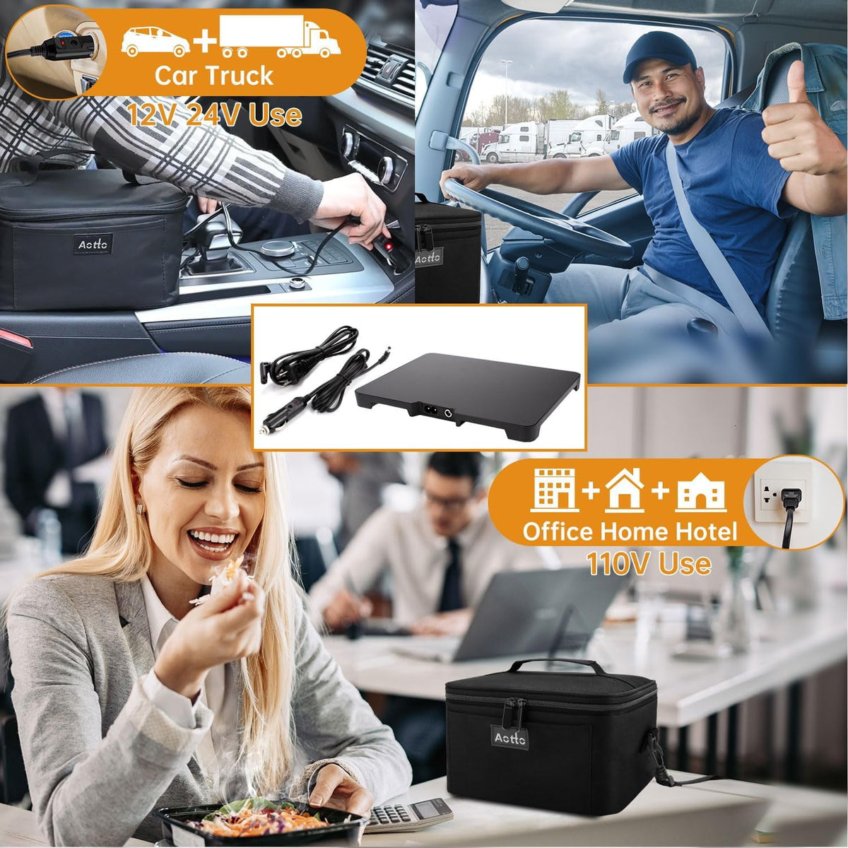 Aotto Portable Oven, 12V, 24V, 110V Portable Food Warmer, Mini Personal Microwave Heated Lunch Box for Work Reheating and Cooking Meals in Truck, Vehicle, Travel, Camping, Picnic, Black