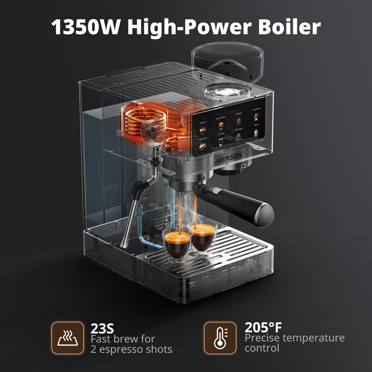 AIRMSEN Espresso Machine with Grinder, Espresso Coffee Machine with Customized Grind Amount & Coffee Volume, Cold Brew Coffee Maker for Cappuccino Latte Americano, Brushed Stainless Steel