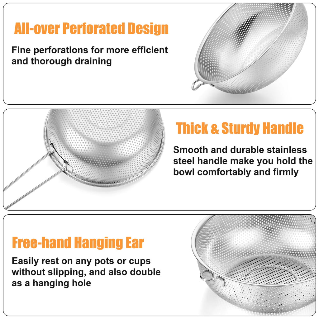 VeSteel Colander Set of 3, Stainless Steel Micro-Perforated Colanders Strainers for Draining Rinsing Washing, Ideal for Pasta Vegetables Fruits, Heavy Duty & Dishwasher Safe - 1/3/5 Quart