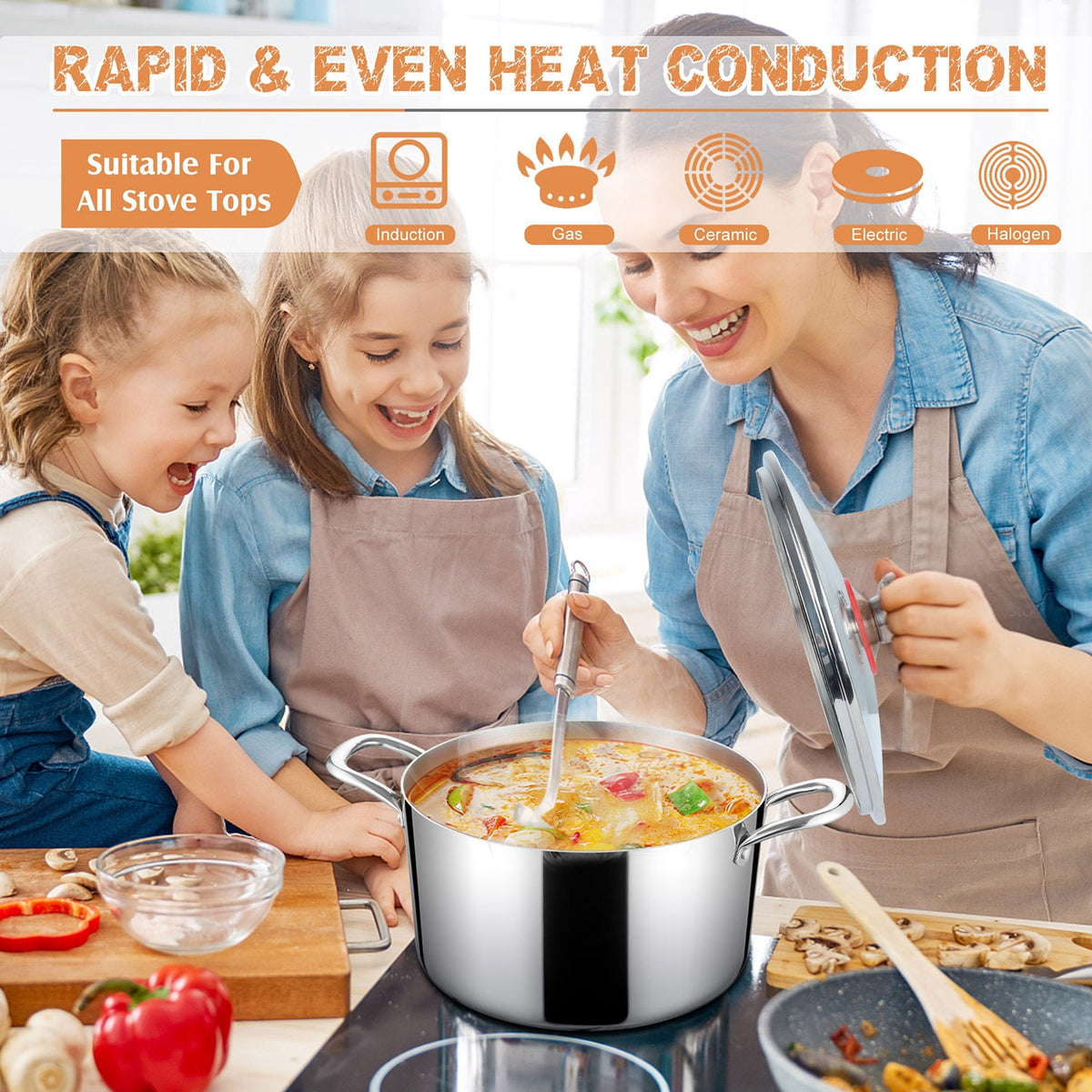 Coliware 8 QT Stainless Steel Stock Pot with Glass Lid, Cooking Soup Pot with 3-Ply Whole Clad for