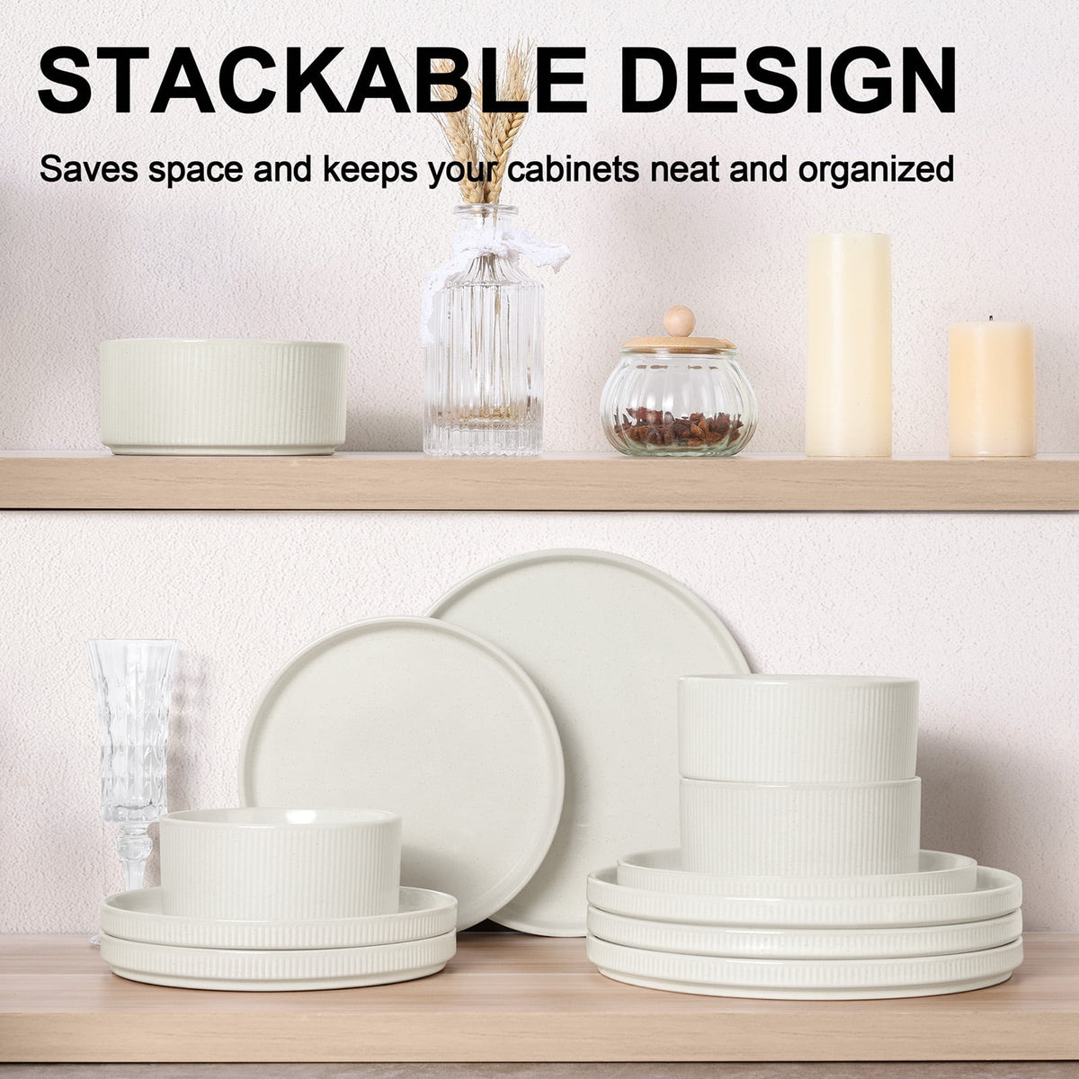 Vesteel 12 Pieces Dinnerware Set for 4, Premium Stoneware Ribbed Dishes, Chip & Scratch Resistant Plates and Bowls Set for Home Restaurant, Microwave and Dishwasher Safe - Speckled White