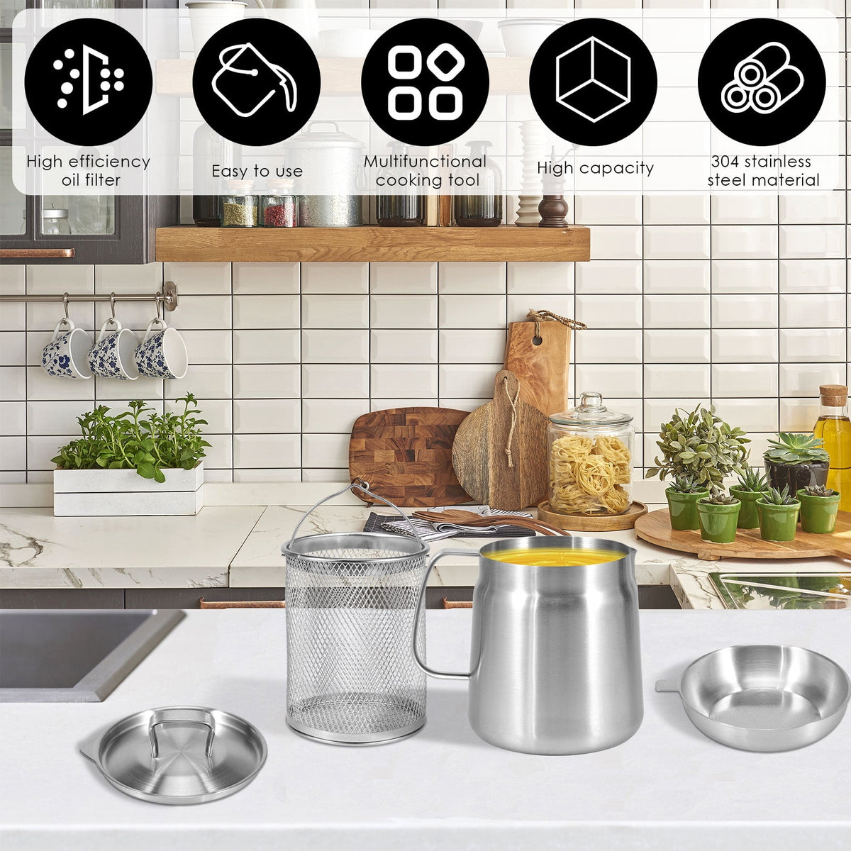 68oz Oil Strainer Pot 304 Stainless Steel Oil Grease Container Can with Filter Lid and Frying Basket Oil Container Can for Storing Frying Cooking Grease