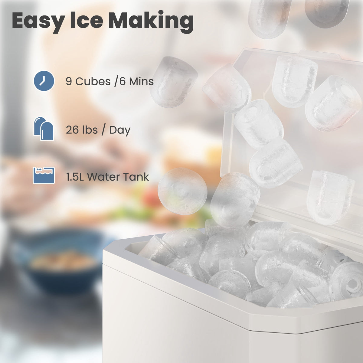 CONCETTA Portable Ice Maker Machine, 26.5 lb/Day Ice, Two Ice Sizes, Self-Cleaning Function, Bullet Ice Maker with Ice Scoop & Basket, Green