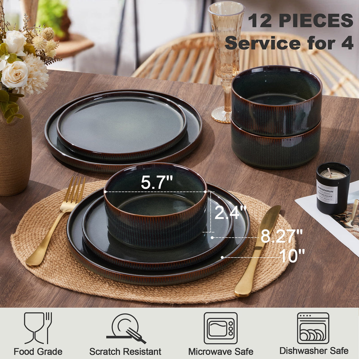 Vesteel 12 Pieces Dinnerware Set for 4, Premium Stoneware Ribbed Dishes, Chip & Scratch Resistant Plates and Bowls Set for Home Restaurant, Microwave and Dishwasher Safe - Speckled White