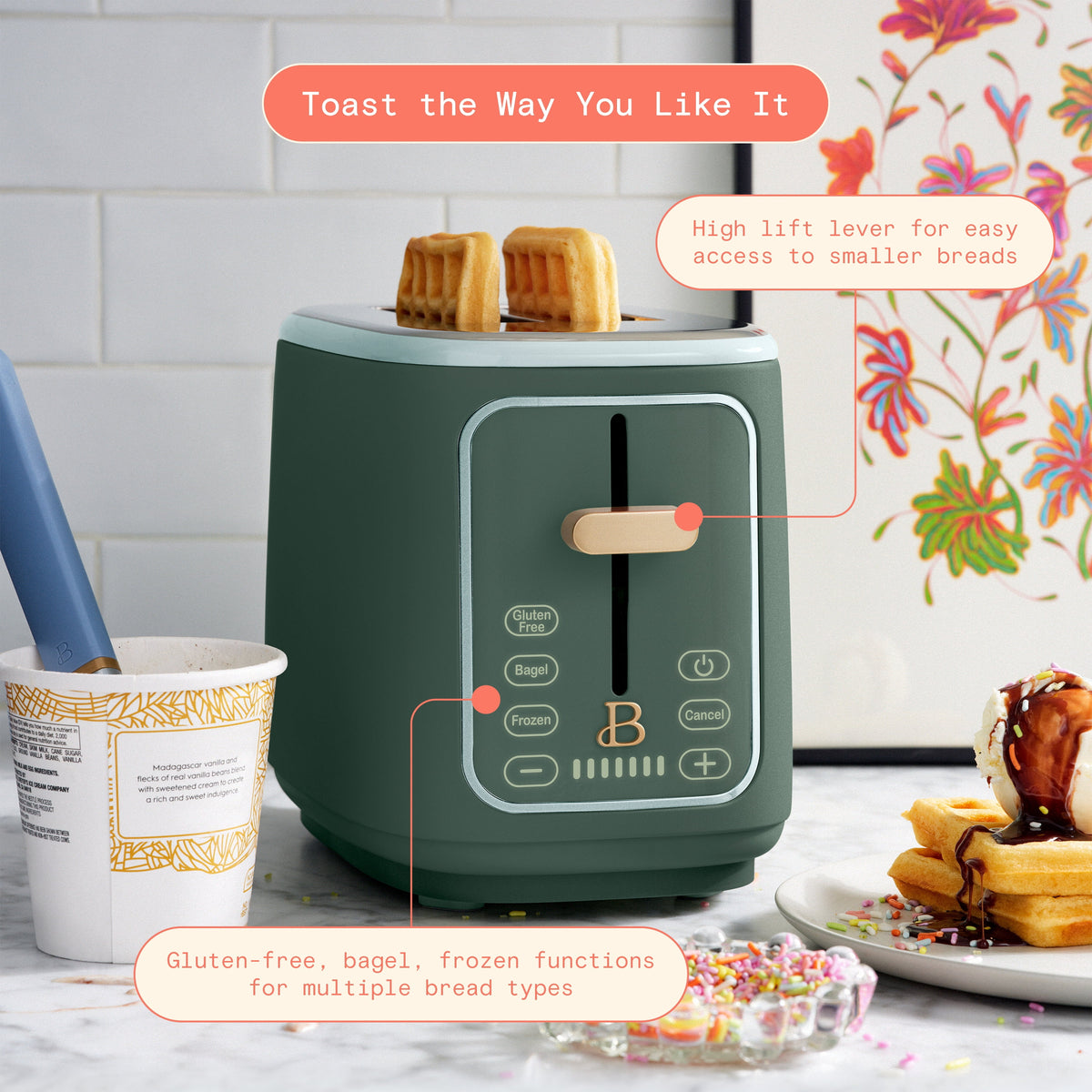 Beautiful 2 Slice Toaster with Touch-Activated Display, Thyme Green by Drew Barrymore