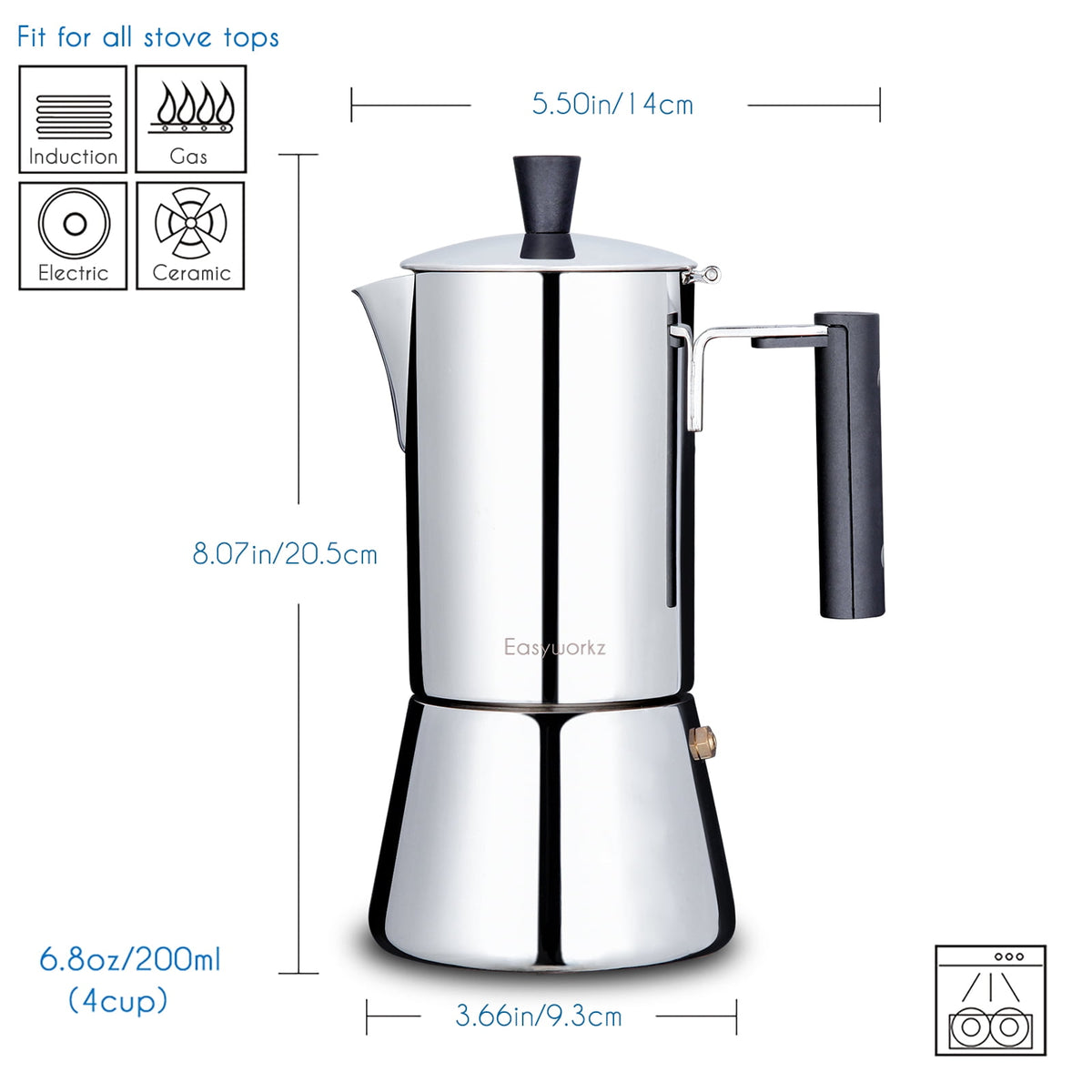 Easyworkz Pedro 6 Cup Stovetop Espresso Maker Stainless Steel Italian Coffee Maker Greca Moka Pot, 10 oz