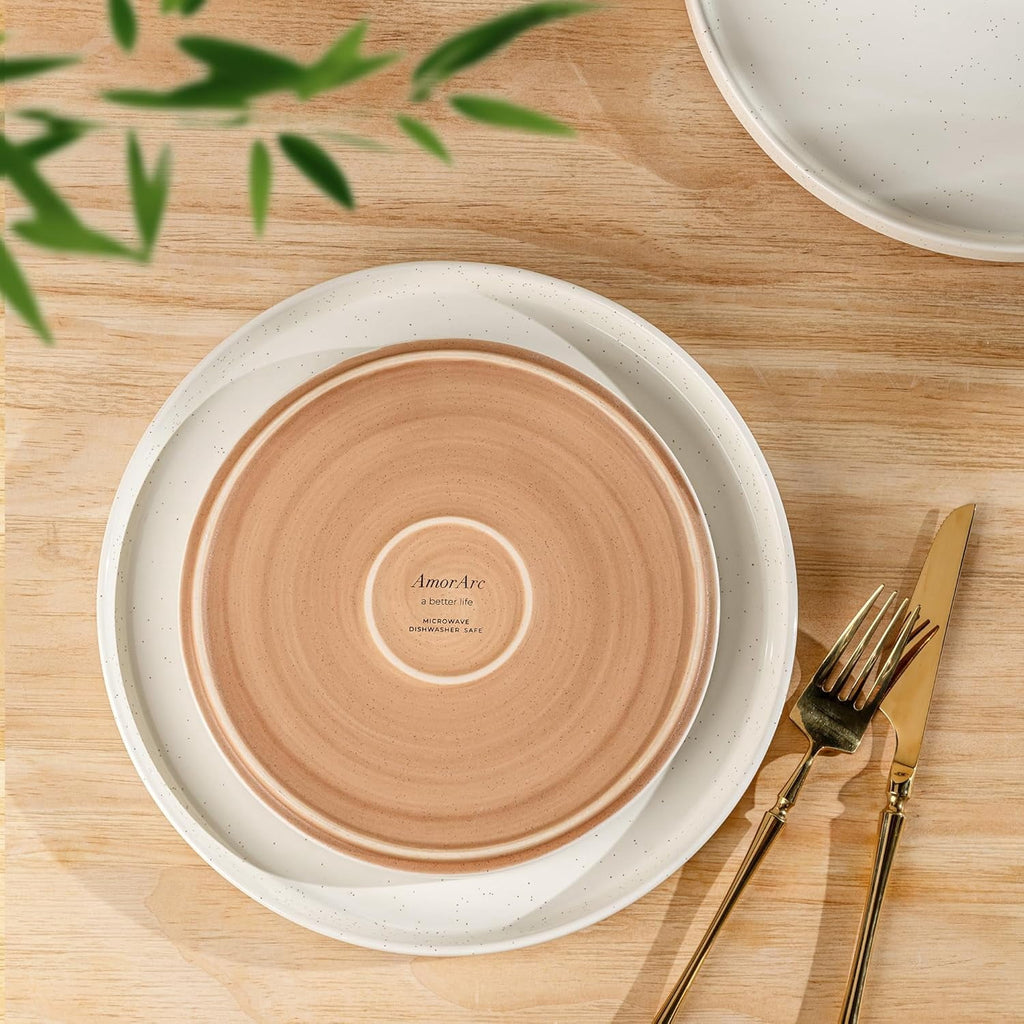 AmorArc Ceramic Dinnerware Set for 4 | Speckled Stoneware Plates and Bowls with unglazed terracotta | Scratch Resistant, Dishwasher & Microwave Safe Dishes Sets- 12-Pcs Pink
