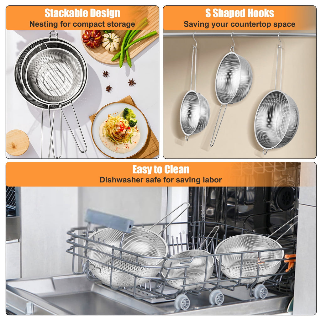 VeSteel Colander Set of 3, Stainless Steel Micro-Perforated Colanders Strainers for Draining Rinsing Washing, Ideal for Pasta Vegetables Fruits, Heavy Duty & Dishwasher Safe - 1/3/5 Quart
