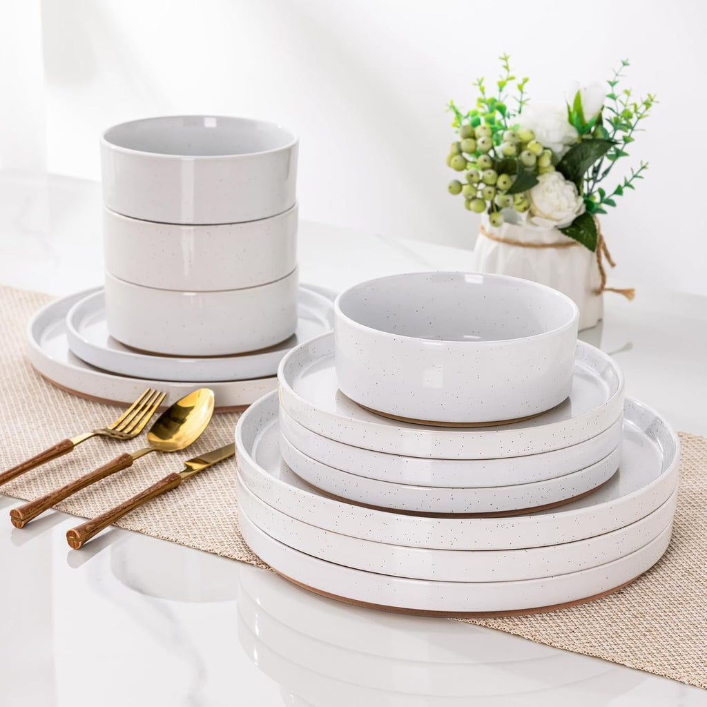 AmorArc Ceramic Dinnerware Set for 4 | Speckled Stoneware Plates and Bowls with unglazed terracotta | Scratch Resistant, Dishwasher & Microwave Safe Dishes Sets- 12-Pcs Pink