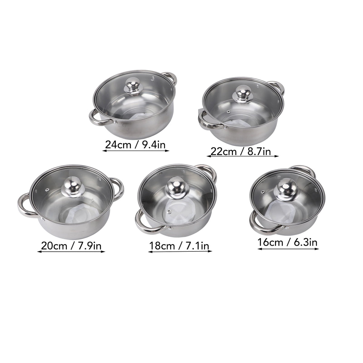 Stainless Steel Pots Sets 10-Piece, Kitchen Cookware Set Saucepan With Glass Lid Stockpot Soup Pot With 2 Ear Handle For Cooking Dishwasher , Silver
