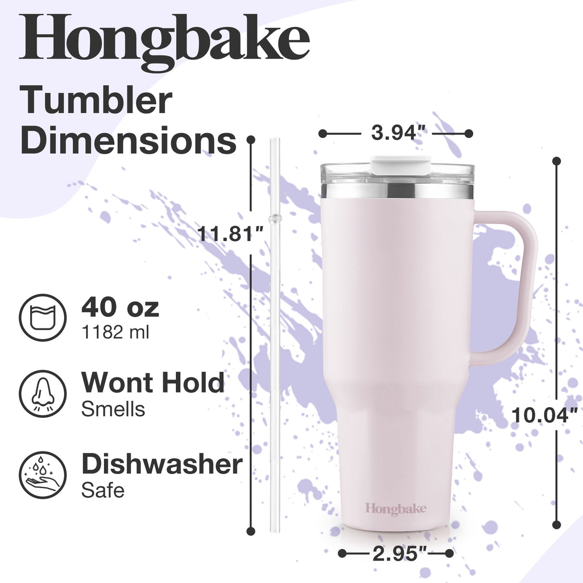 HONGBAKE 40 oz Tumbler with Handle and Straw Lid, Insulated Stainless Steel Tumbler, Travel Mug Fits Cup Holder, Dusty Lavender