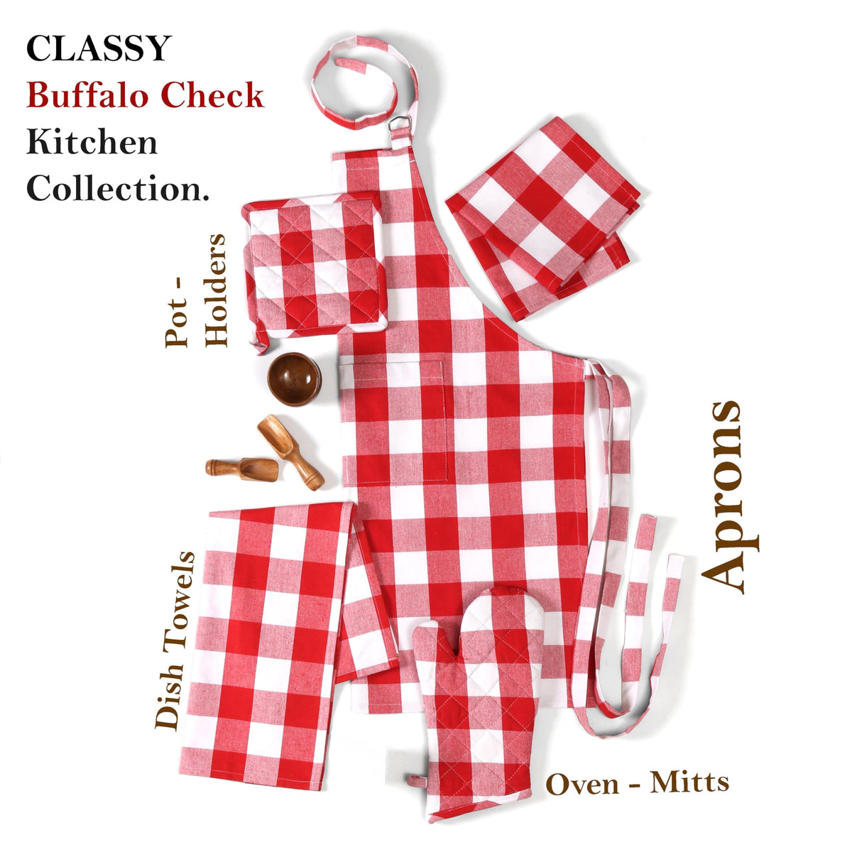Softopia Cotton Buffalo Plaid Check 2 Pack Kitchen Aprons with Pocket 100% Cotton 27"x33" - Adjustable Neck Apron for Adults Cooking, Red White