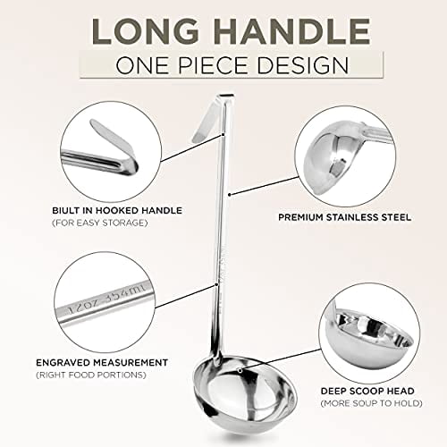 [2 Pack] 6 Oz Stainless Steel Soup Ladle - One-Piece Sauce Spatula with Hook Handles, Commercial Grade Serving Spoon, Kitchen Tool for Restaurant or Home Cooking, Mirror Finish, 14.25" Long