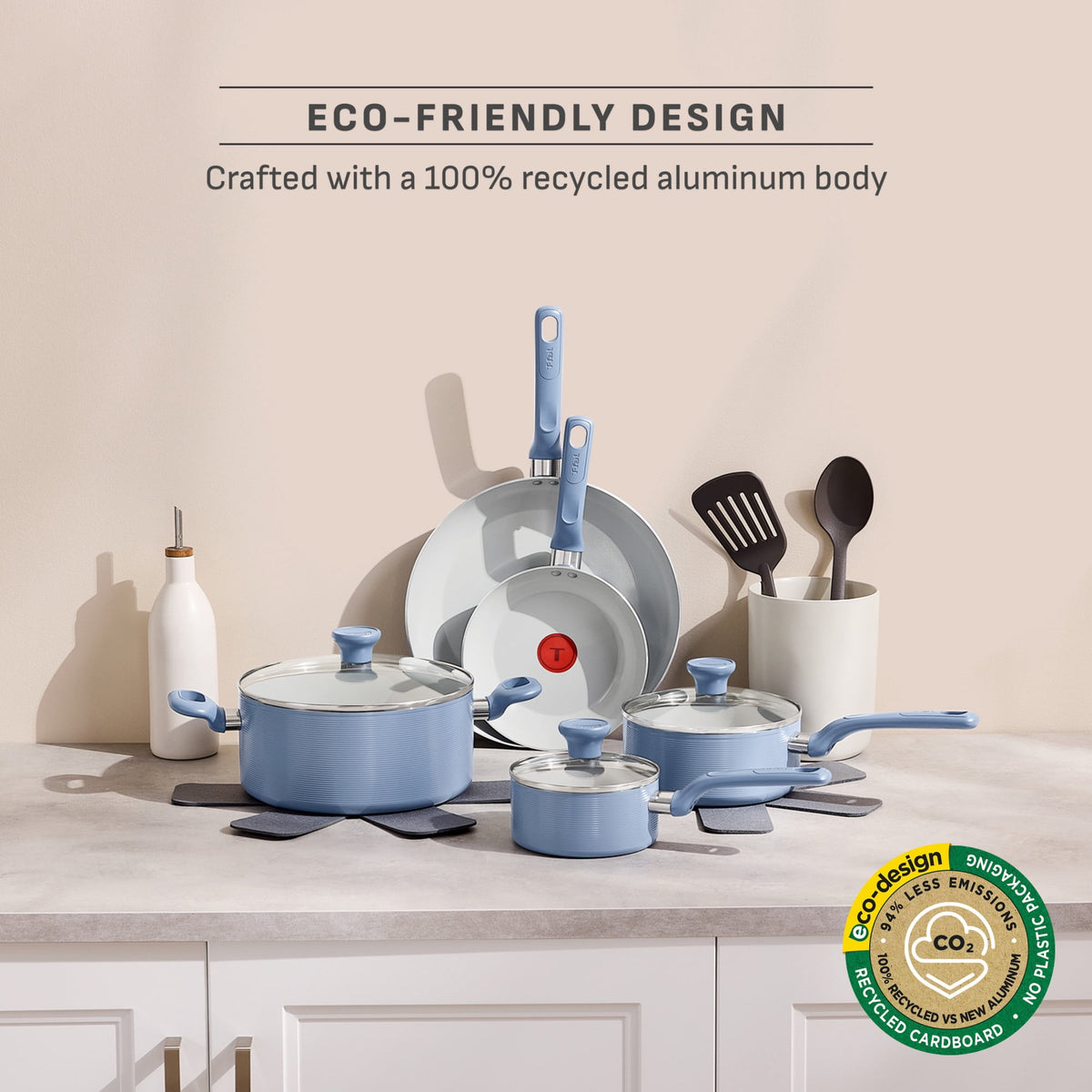 T-fal Easy Care 18 Piece Ceramic Nonstick Cookware Set, Pots and Pans, Mint Green