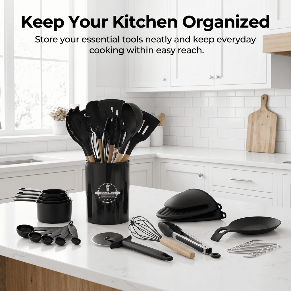 NULAS Kitchen Utensils Set, 37 pcs Non-Stick Silicone Cooking Kitchen Utensils Spatula Set with Holder,446℉ Heat Resistant,Wood Handle Kitchen Gadgets,Black