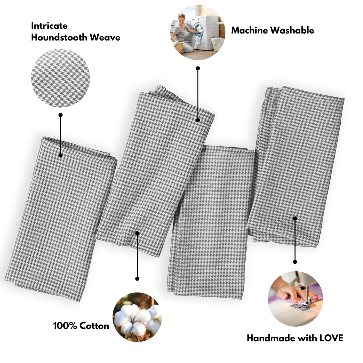 Softopia Cotton Cloth Napkin 100% Cotton 18"x18" Decorative Washable Table Houndstooth Check Napkins Set of 4 for Dining, Holidays, Buffet Parties & Wedding Use - Grey