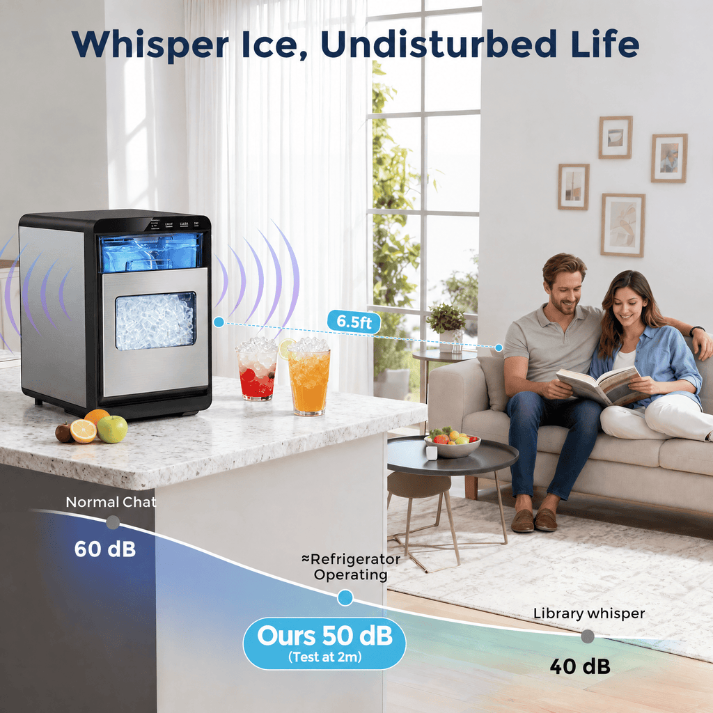 Snowyermine Nugget Ice Maker Countertop, 44 lbs per Day, Soft, Chewable Sonic-Style Pebble Ice, One-Touch Self-Cleaning, Stainless Steel, Black, for Home, Kitchen, Office, RV and Camping