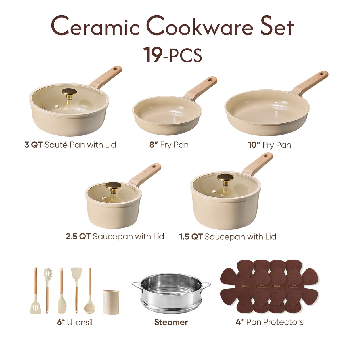 CAROTE 19-Piece Ceramic Pots and Pans Set, Nonstick Cookware Set with Lids, Induction Compatible, Oatmeal