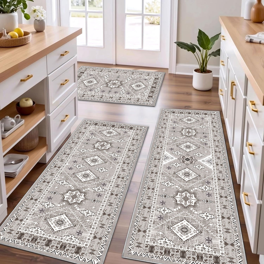 TECHVIDA Kitchen Rug Set 3 Piece,Non Slip Machine Washable Kitchen Mats, Farmhouse Hallway Doormat for Home Floor and Living Room,Gray
