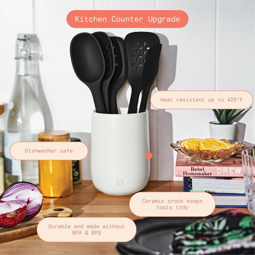 Beautiful 6-Piece Silicone Kitchen Tool Set with Ceramic Crock, Chocolate by Drew Barrymore