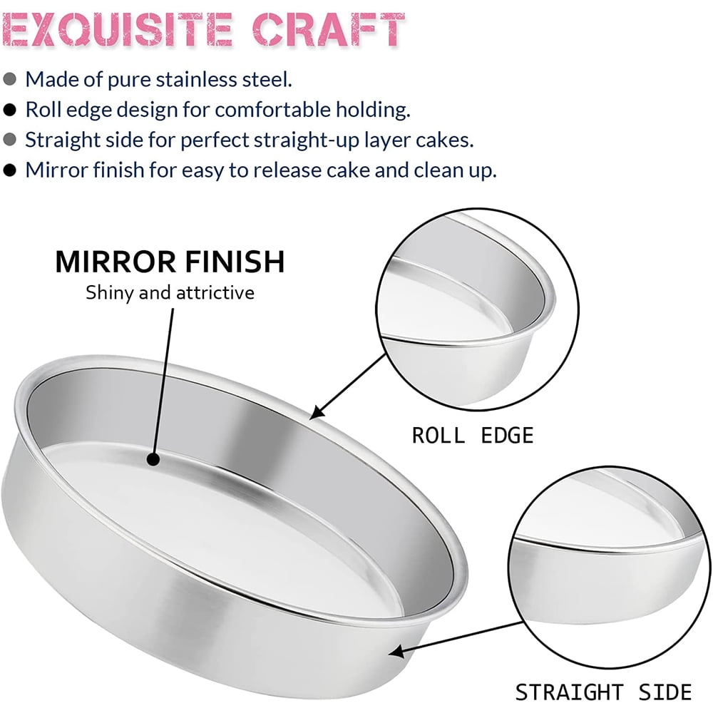 8 inch Cake Pan Set of 3, VeSteel Stainless Steel Round Layer Cake Baking Pans, Non-Toxic & Healthy, Mirror Finish & Dishwasher Safe
