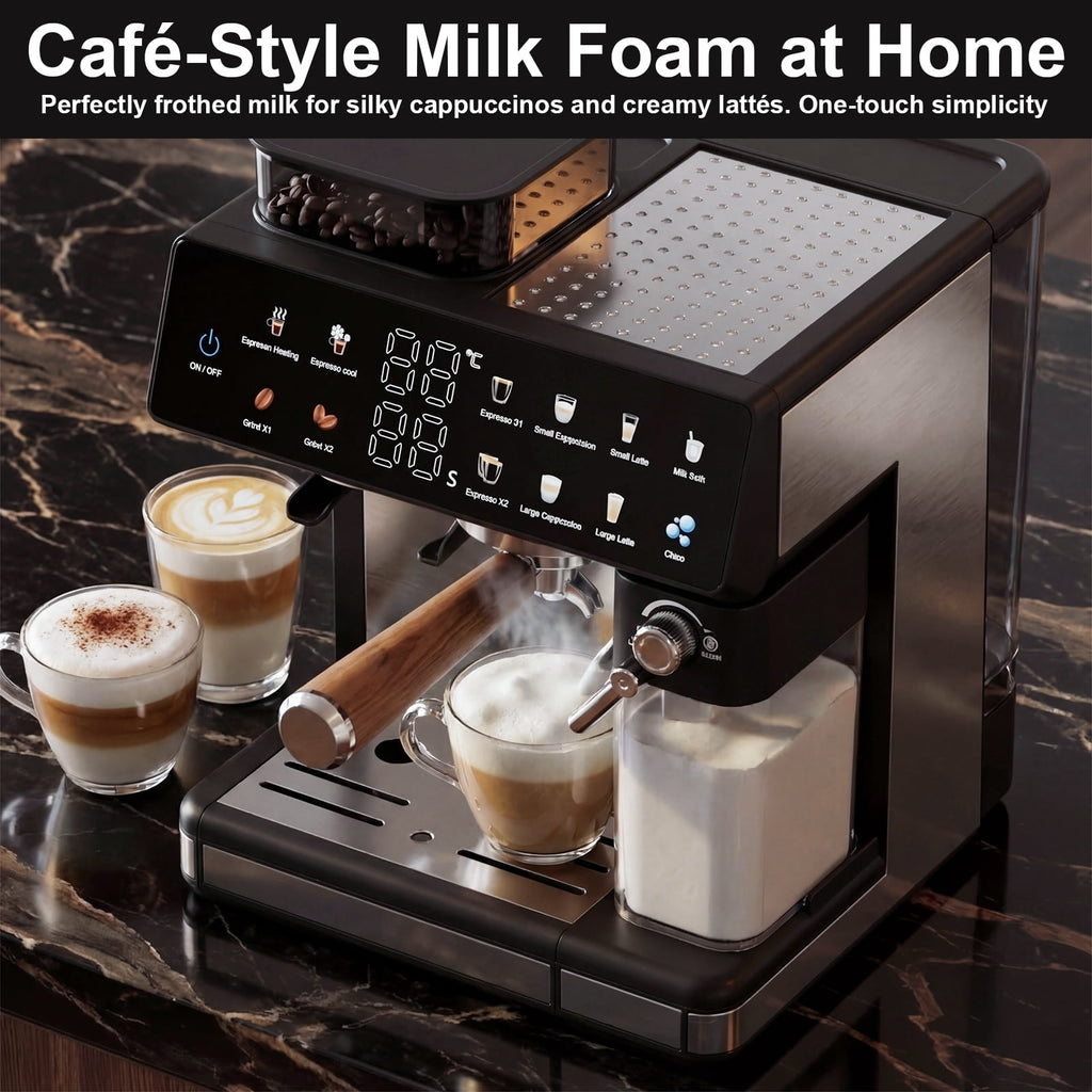 Bluebow 20-Bar Espresso Machine with Grinder and Milk Frother, All-in-One Automatic Coffee Maker for Latte Cappuccino, Home&Office