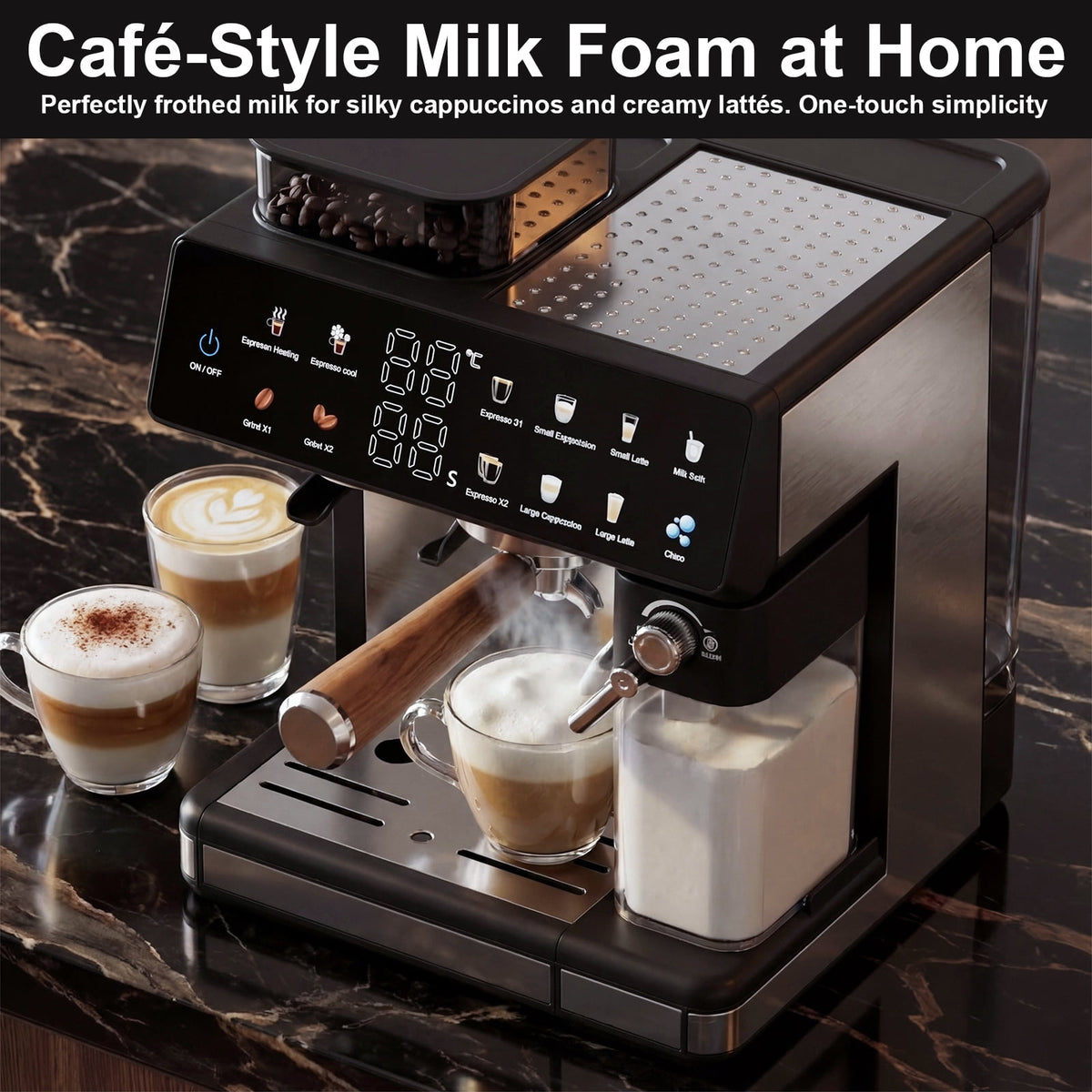 Bluebow 20-Bar Espresso Machine with Grinder and Milk Frother, All-in-One Automatic Coffee Maker for Latte Cappuccino, Home&Office