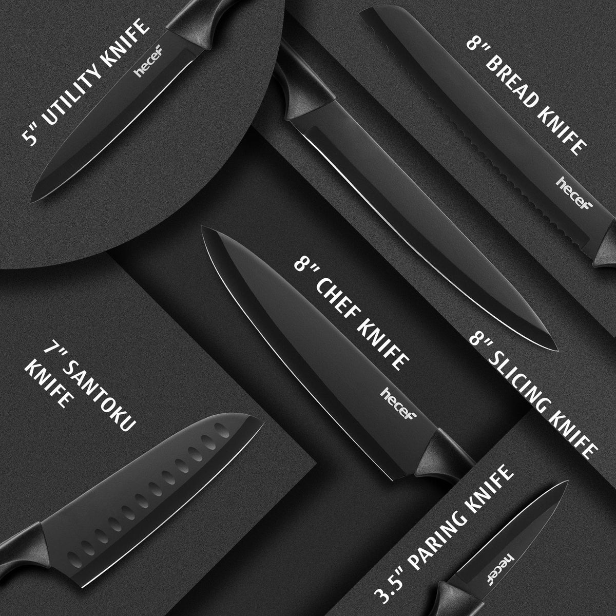 Hecef 3-Piece Kitchen Knife Set Chef, Santoku and Paring Knives, Ultra Sharp, Rust-Resistant