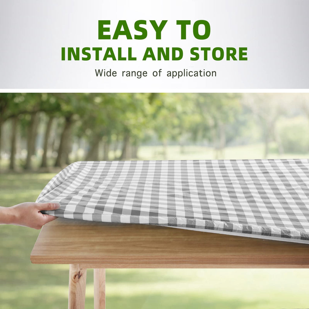 UMINEUX 3-Piece Rectangle Checkered Picnic Table Cover with Bench Covers Vinyl Flannel Backing with Elastic Edge (30"x72", Black and White)