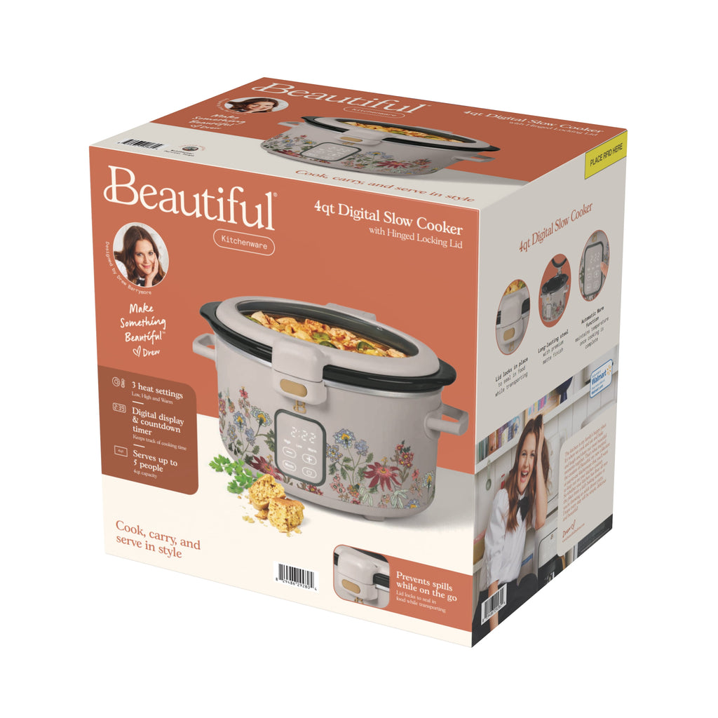 Beautiful 4 Qt Digital Slow Cooker with Hinged Locking Lid, Thyme Green by Drew Barrymore