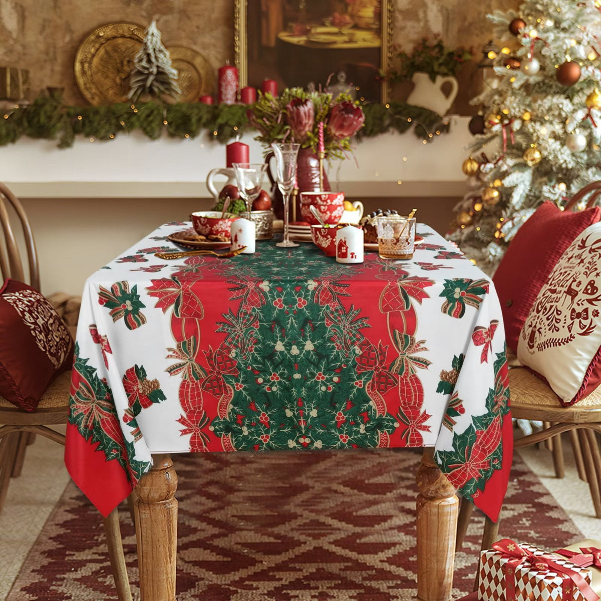 LUSHVIDA Christmas Tablecloth Rectangle - 60x84 inch Holly Ribbon Pattern Washable Wrinkle Resistant Holiday Tablecloths for Christmas Family Gathering, Dining Room Table Decoration 130GSM