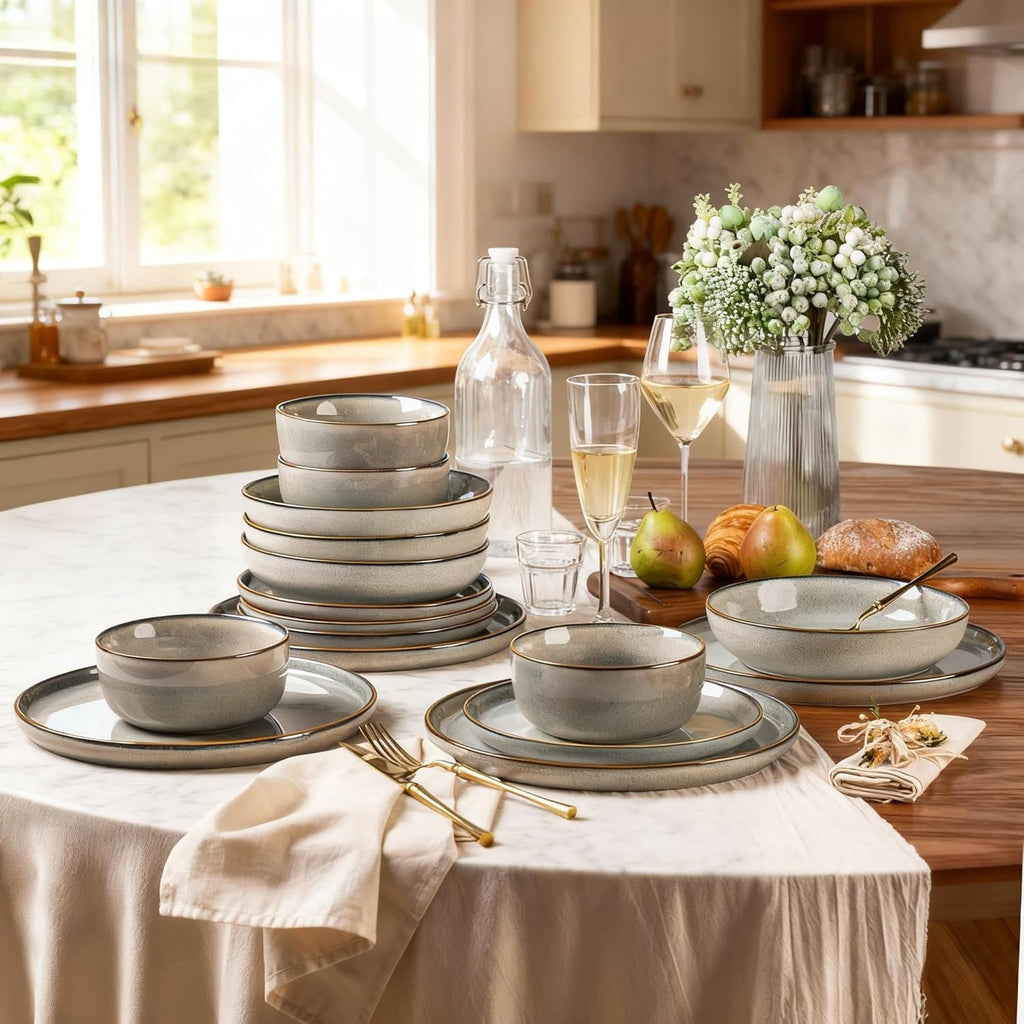 AmorArc Ceramic Dinnerware Sets for 4, 12 Pieces Stoneware Plates and Bowls Sets, Reactive Glaze Dishes -Scratch Resistant, Dishwasher&Microwave Safe, Space Blue (Service for 4)