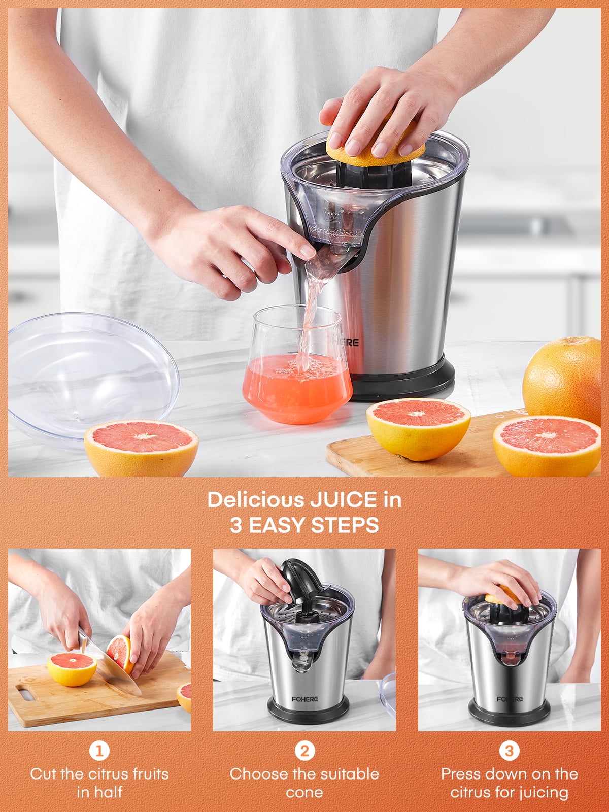 Electric Citrus Juicer, Orange Juicer Machine with 2 Size Cones, Stainless Steel Citrus Press Juicer for Orange Lemon