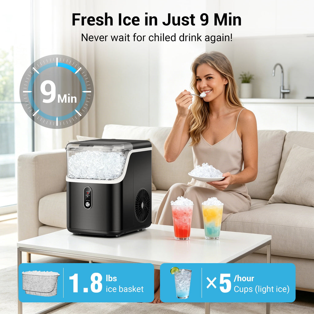 Snowyermine Nugget Ice Maker Countertop, 35 lbs per Day, Soft, Chewable Sonic-Style Pebble Ice, One-Touch Self-Cleaning, Stainless Steel, Black, for Home, Kitchen, Office, RV and Camping