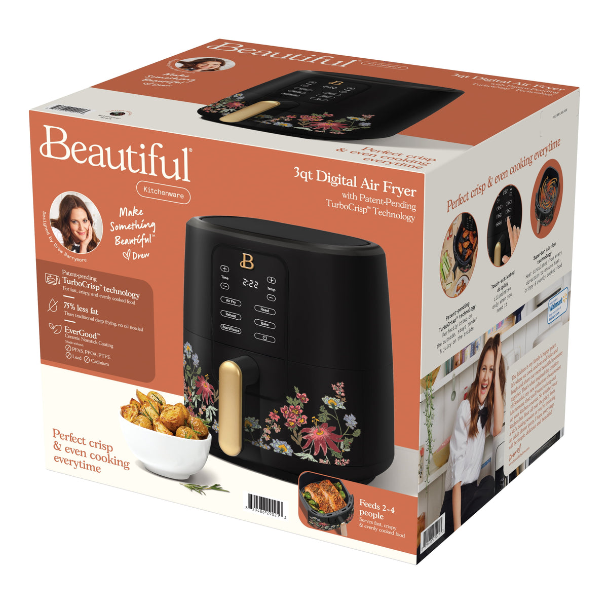 Beautiful 3 Qt Air Fryer with TurboCrisp Technology, EverGood Non-Toxic Ceramic Nonstick Coating, Chocolate by Drew Barrymore
