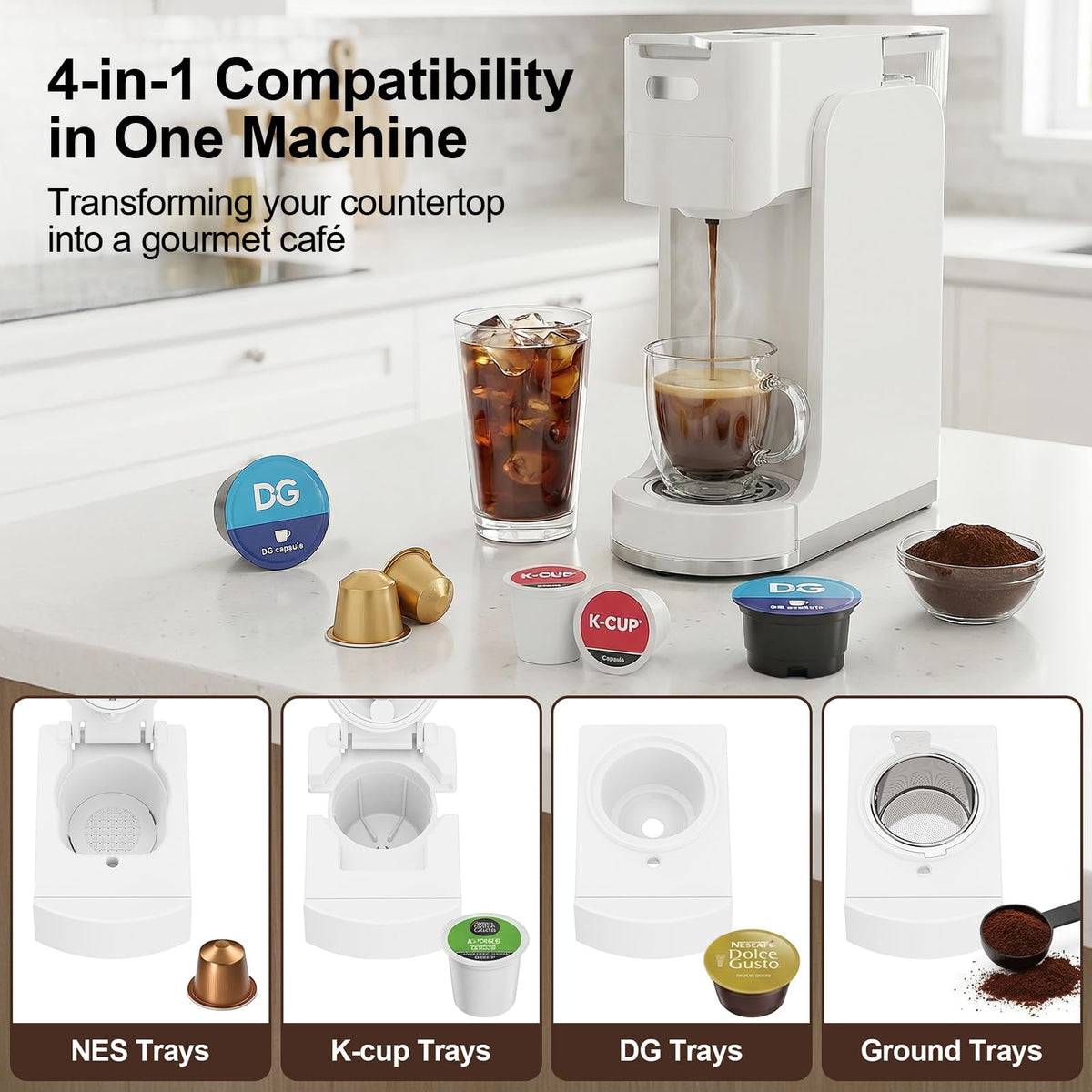 GVODE 4-in-1 Single Serve Coffee Maker, 3-Second Heat-Up, 20 Bar Hot and Iced Espresso Machine, Black