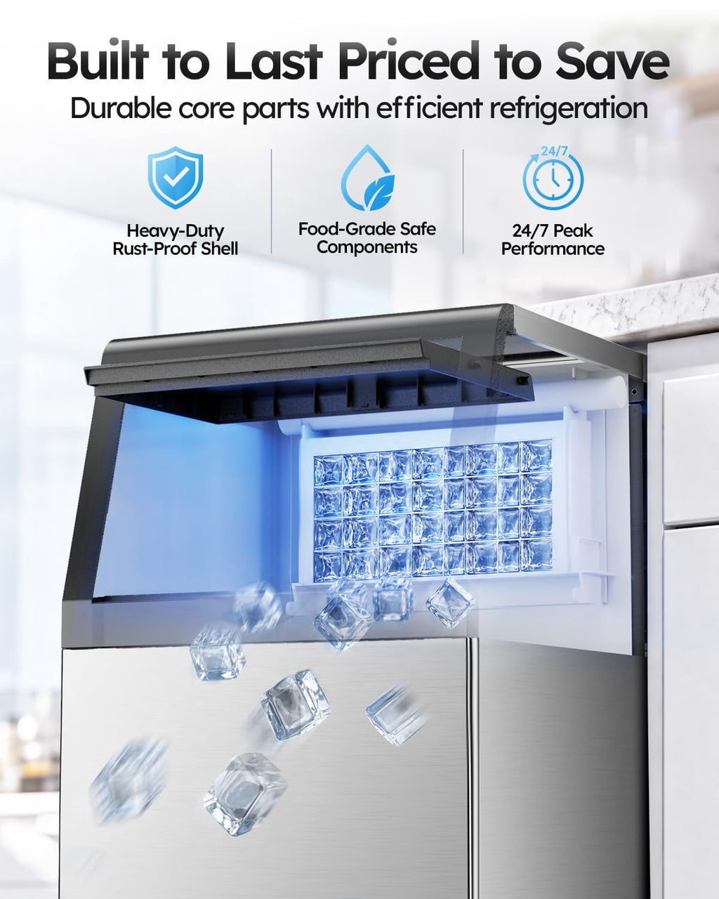 Ecojoy Commercial Ice Maker Machine, 150 Lbs/Day Stainless Steel Under Counter Ice Maker, 40Lbs Ice Storage Bin, Water Filter, 45 Cubes in 8-12 Mins
