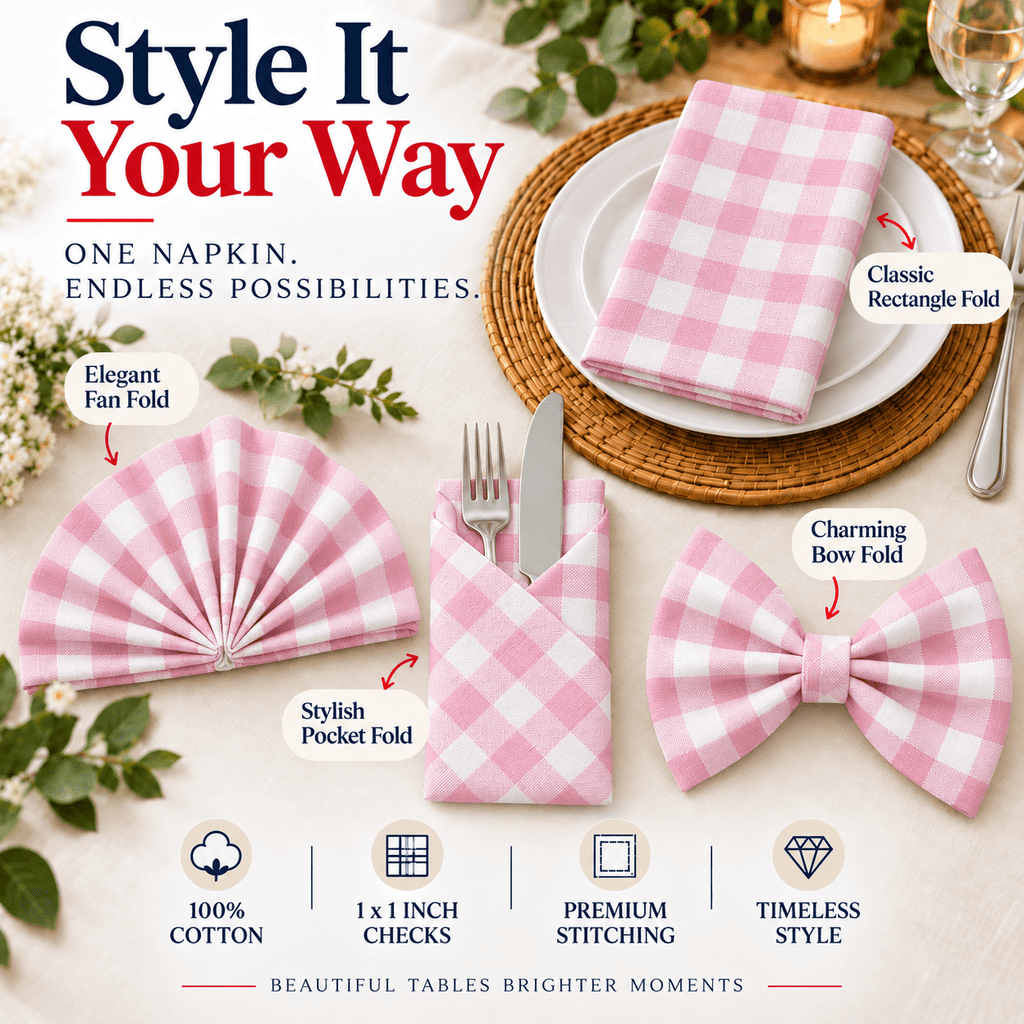 GFI LINEN CLUBS 100% Cotton Gingham Cloth Dinner Napkins, 18 x 18 in, Set of 12, Baby Pink & White
