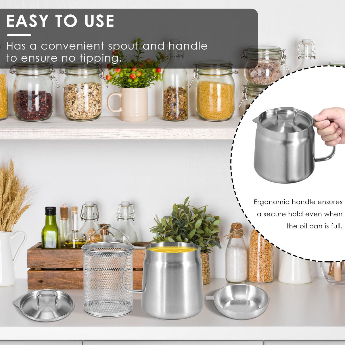 68oz Oil Strainer Pot 304 Stainless Steel Oil Grease Container Can with Filter Lid and Frying Basket Oil Container Can for Storing Frying Cooking Grease